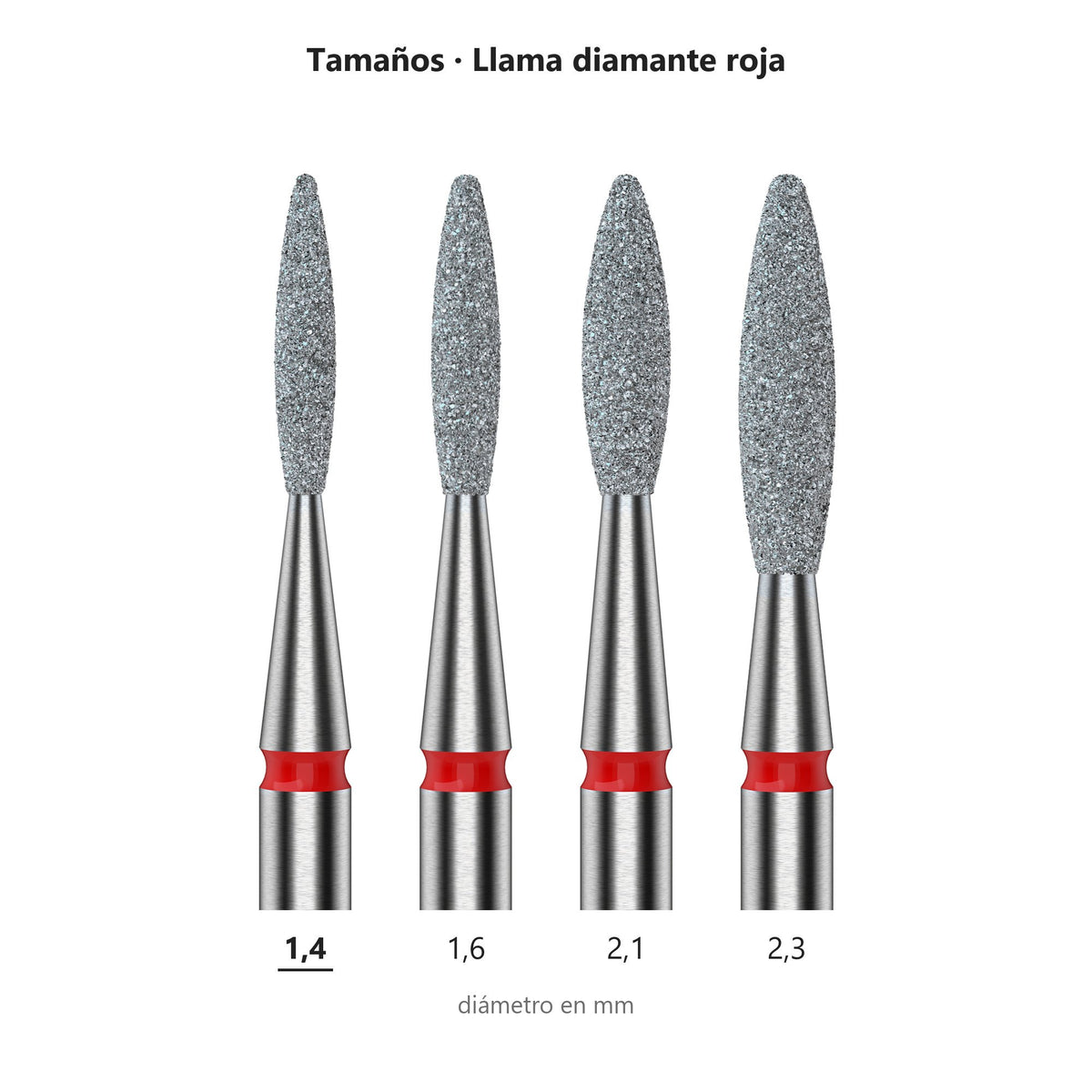 Fresa Flama Redondeada Roja Staleks Expert — tabla de tamaños de la familia
