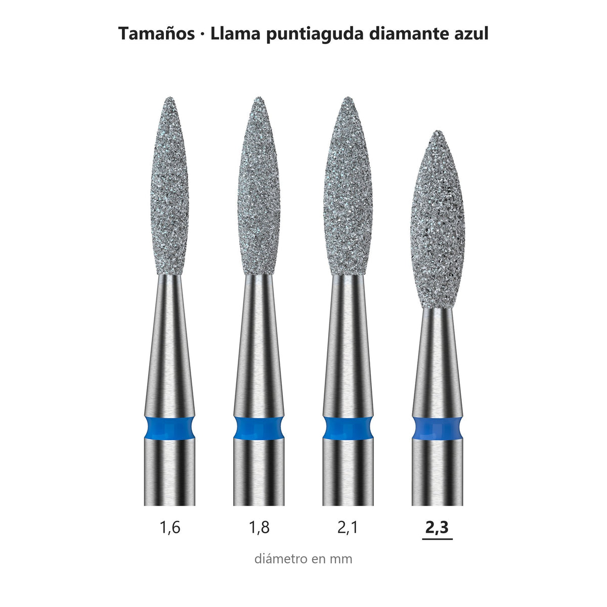 Fresa Flama Puntiaguda Azul Staleks Expert — tabla de tamaños de la familia