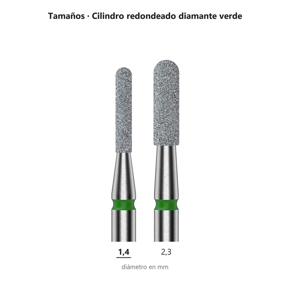 Fresa Cilindro Redondeado Verde Staleks Expert — tabla de tamaños de la familia