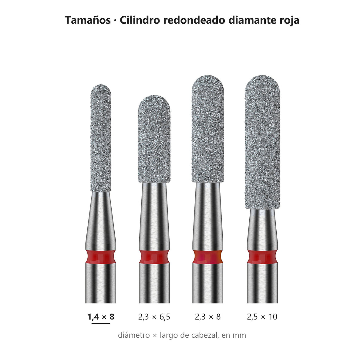 Fresa Cilindro Redondeado Rojo Staleks Expert — tabla de tamaños de la familia