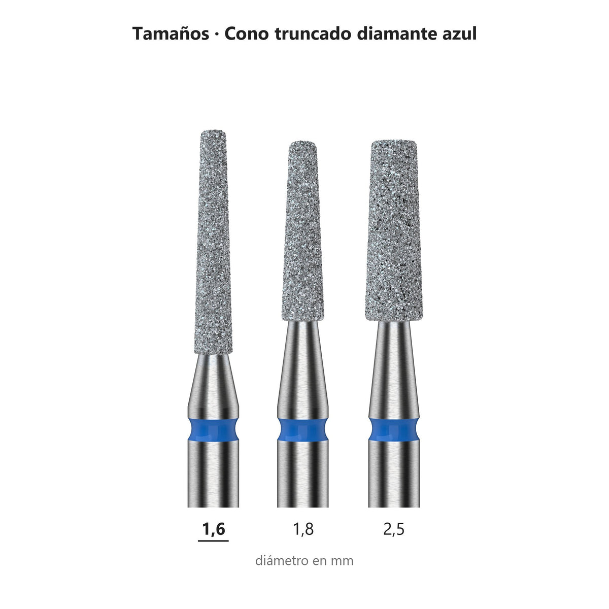 Fresa Cono Truncado Azul Staleks Expert — tabla de tamaños de la familia