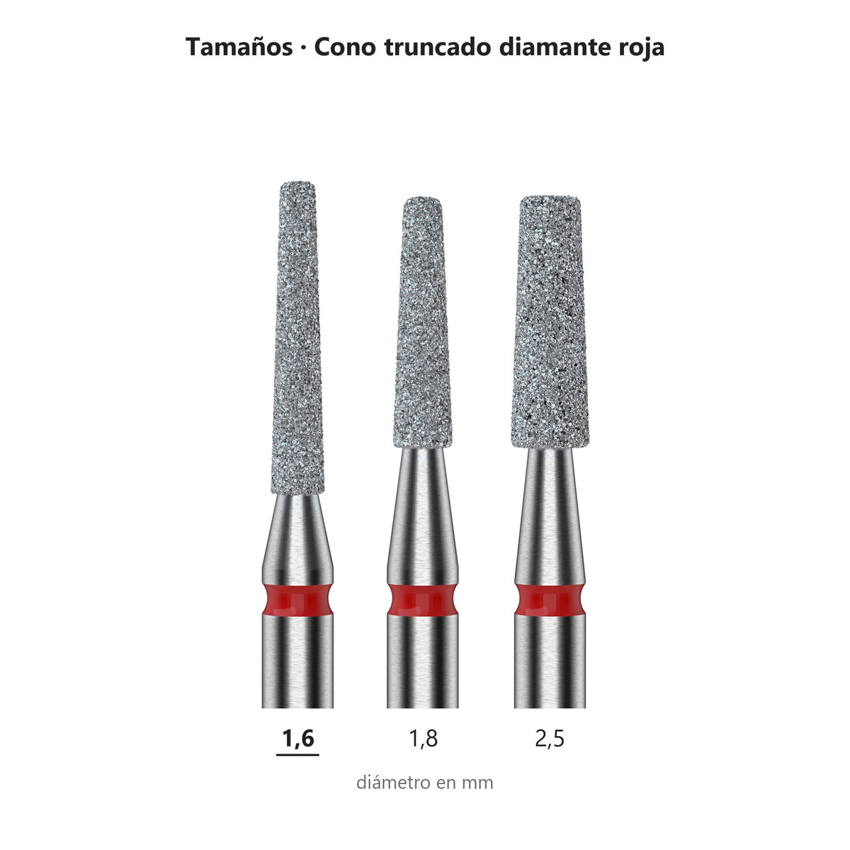 Fresa Cono Truncado Rojo Staleks Expert — tabla de tamaños de la familia