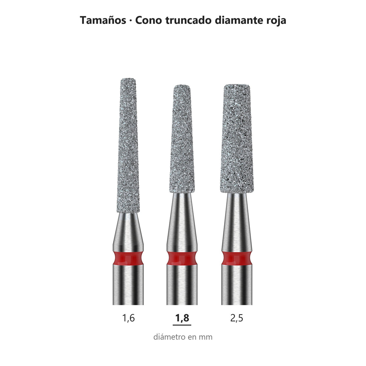 Fresa Cono Truncado Rojo Staleks Expert — tabla de tamaños de la familia