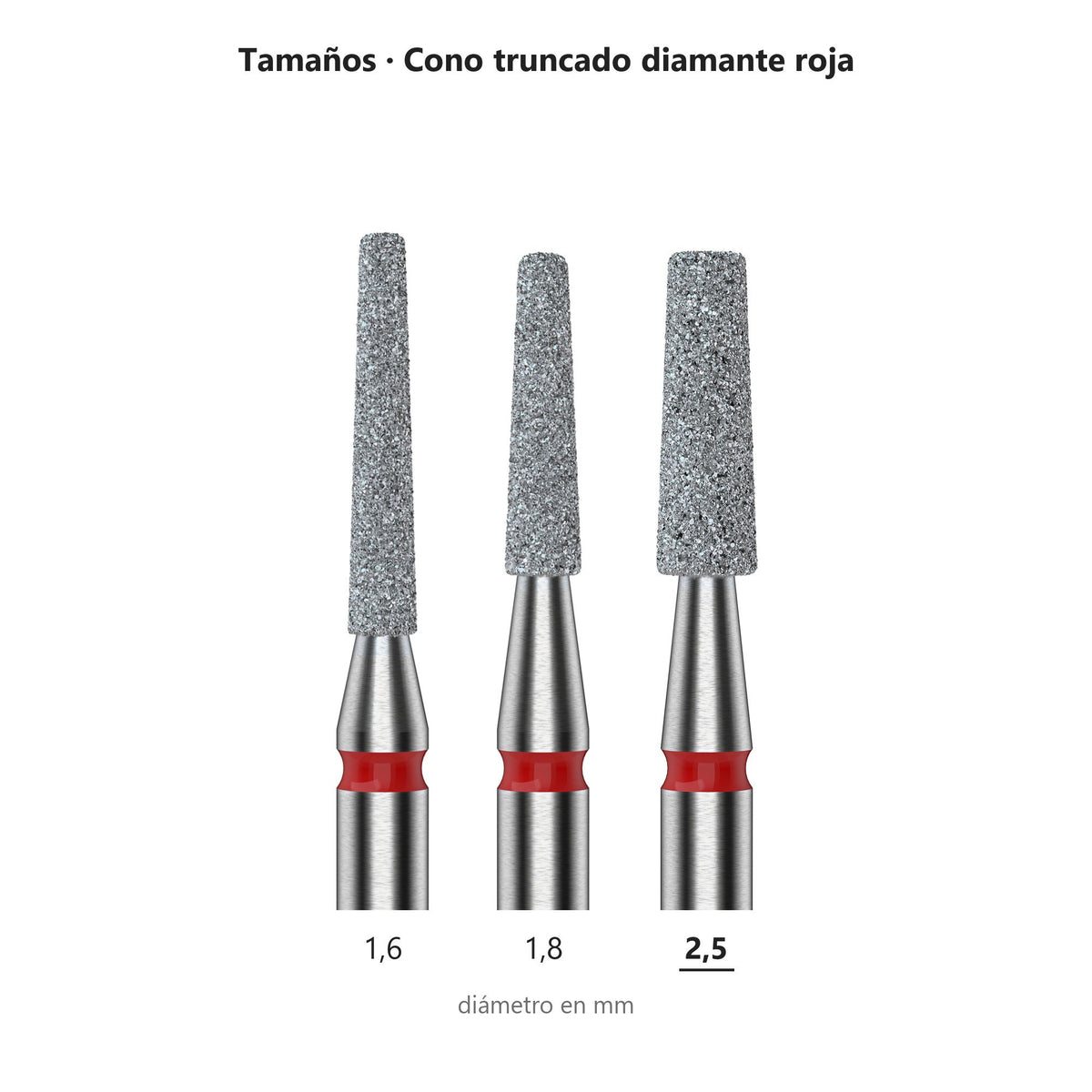 Fresa Cono Truncado Rojo Staleks Expert — tabla de tamaños de la familia