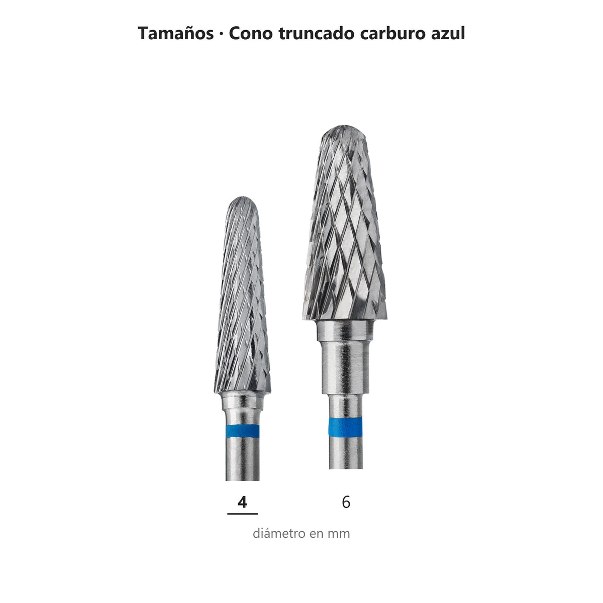Fresa Cono Truncado Azul Staleks Expert — tabla de tamaños de la familia