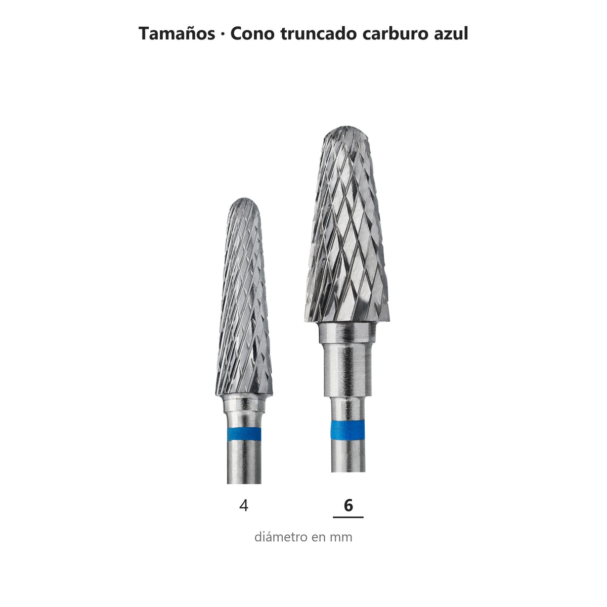 Fresa Cono Truncado Azul Staleks Expert — tabla de tamaños de la familia