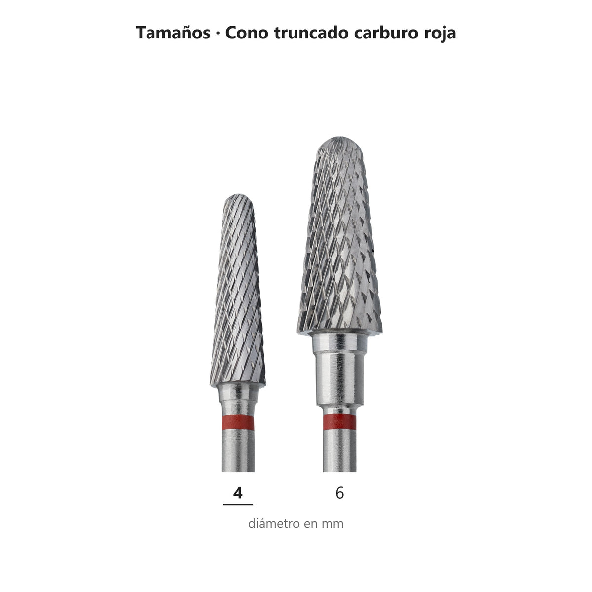 Fresa Cono Truncado Rojo Staleks Expert — tabla de tamaños de la familia