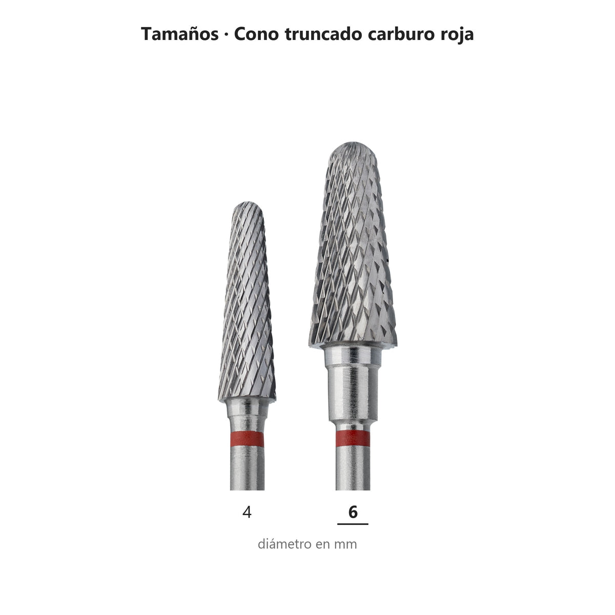 Fresa Cono Truncado Rojo Staleks Expert — tabla de tamaños de la familia