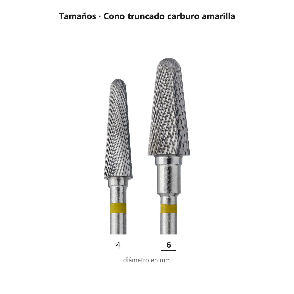 Fresa Cono Truncado Amarillo Staleks Expert — tabla de tamaños de la familia