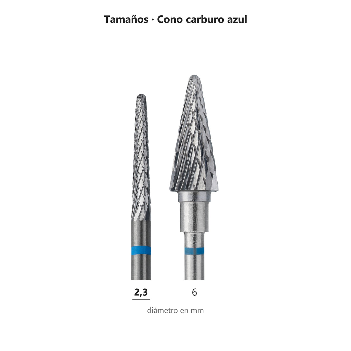 Fresa Cono Azul Staleks Expert — tabla de tamaños de la familia