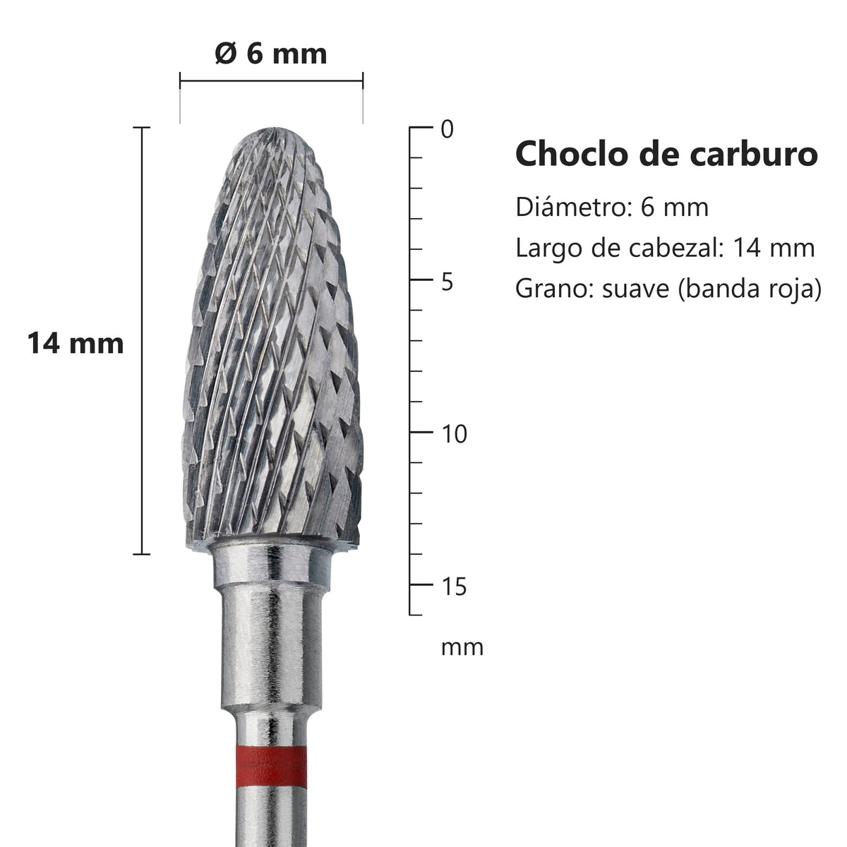 Fresa de carburo forma maíz  roja. Diámetro 6 mm, parte de trabajo 14 mm (STALEKS) — medidas