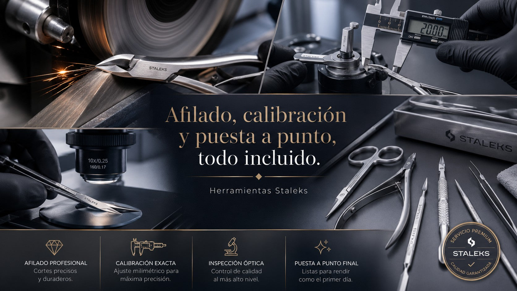 Maestro afilador trabajando una herramienta STALEKS contra el disco de la afiladora