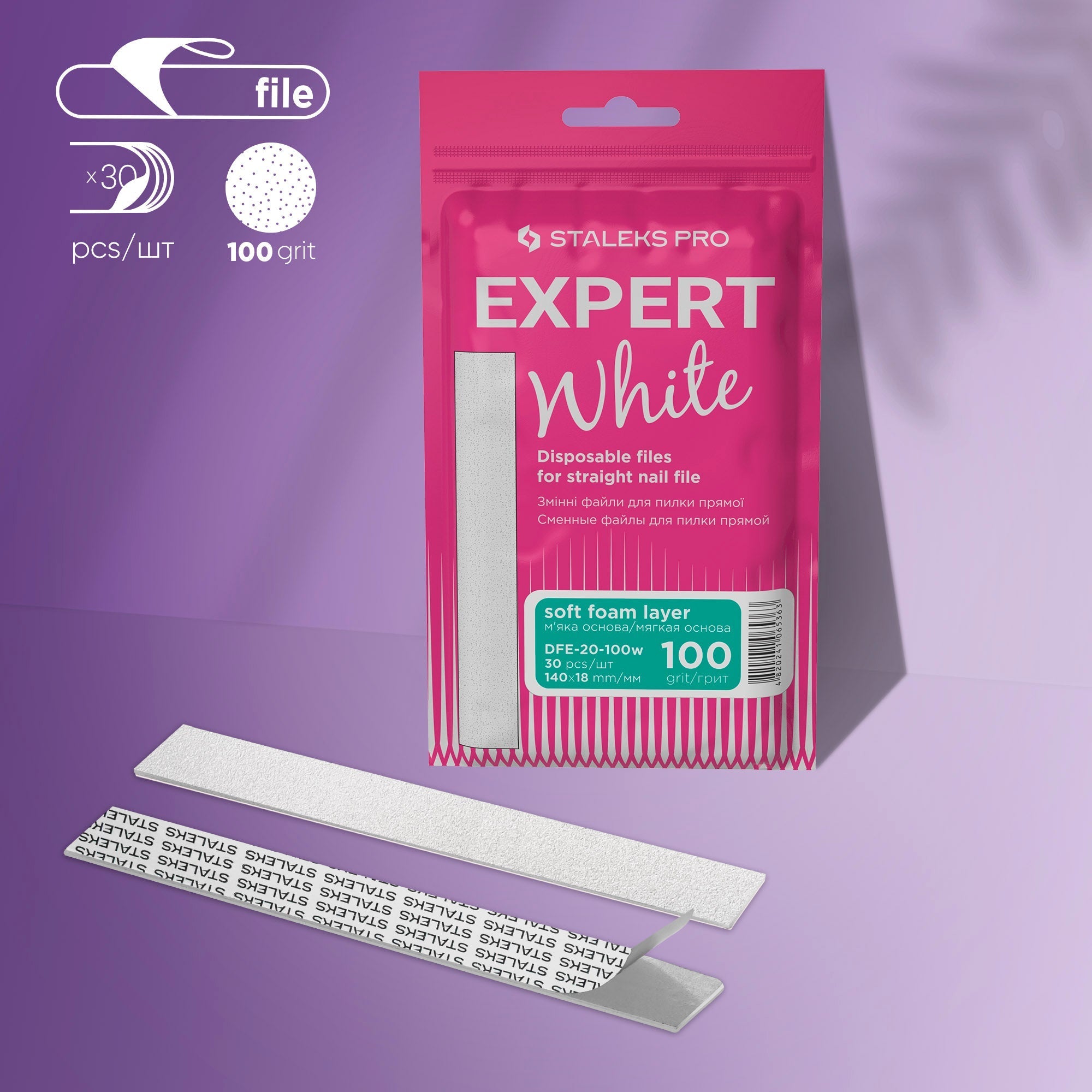 Limas blancas desechables para limar uñas rectas sobre una suave capa de espuma EXPERT 20 grano 100 (30 uds.)
