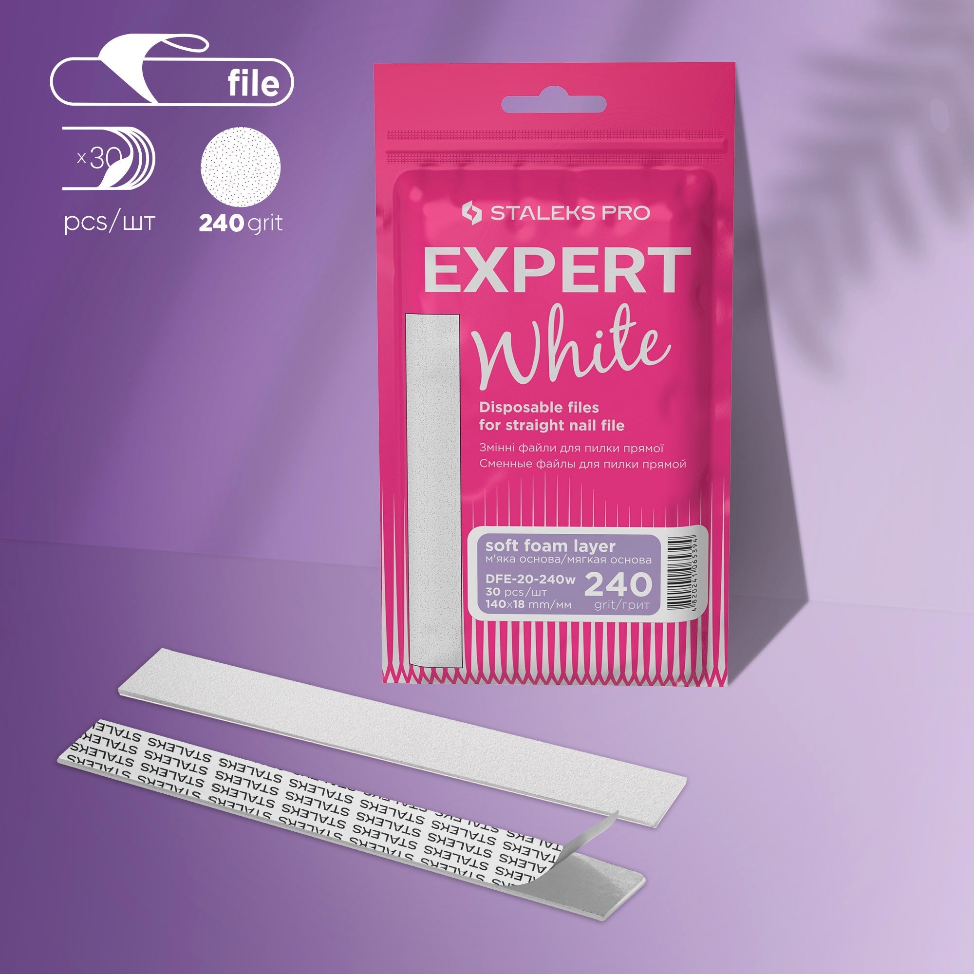 Limas blancas desechables para limar uñas rectas sobre una capa de espuma blanda EXPERT 20 grano 240 (30 uds.)