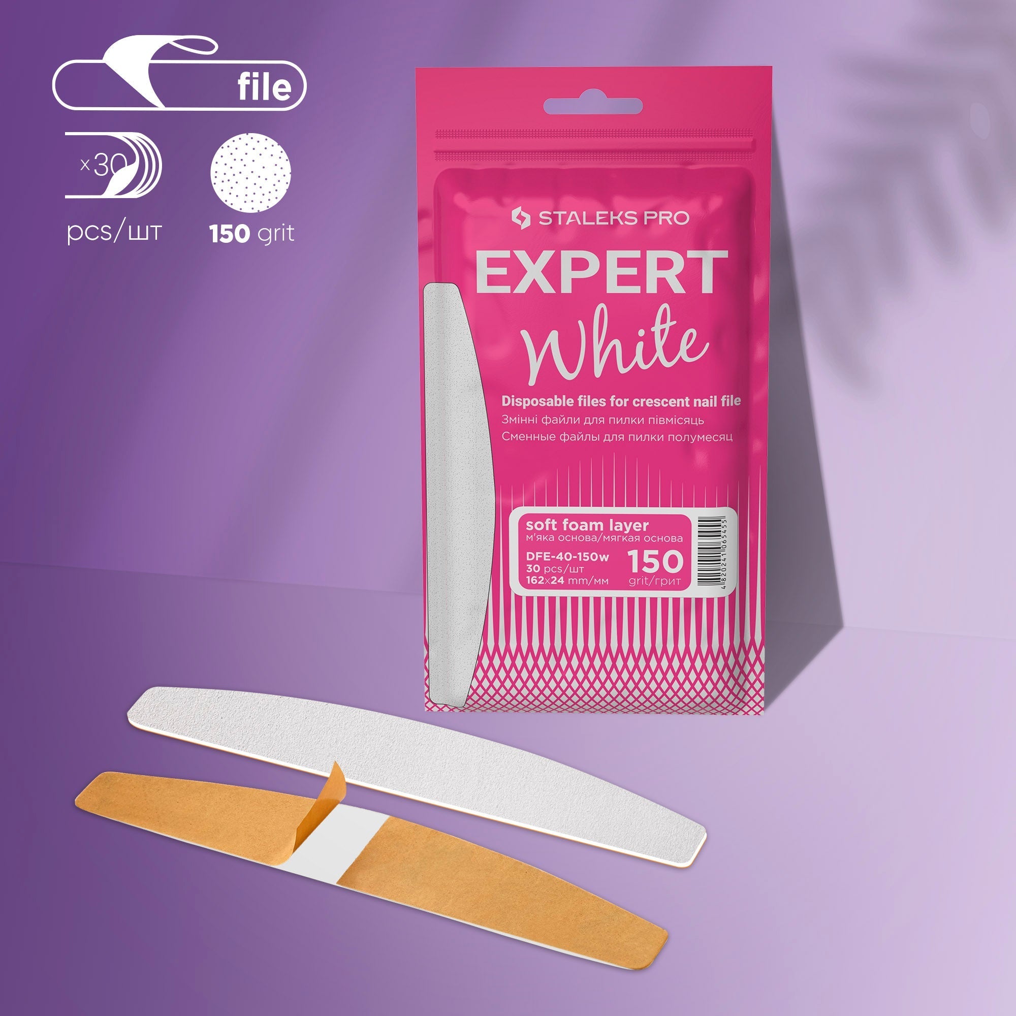 Limas blancas desechables para limar uñas en media luna sobre una capa de espuma blanda EXPERT 40 grano 150 (30 uds.)