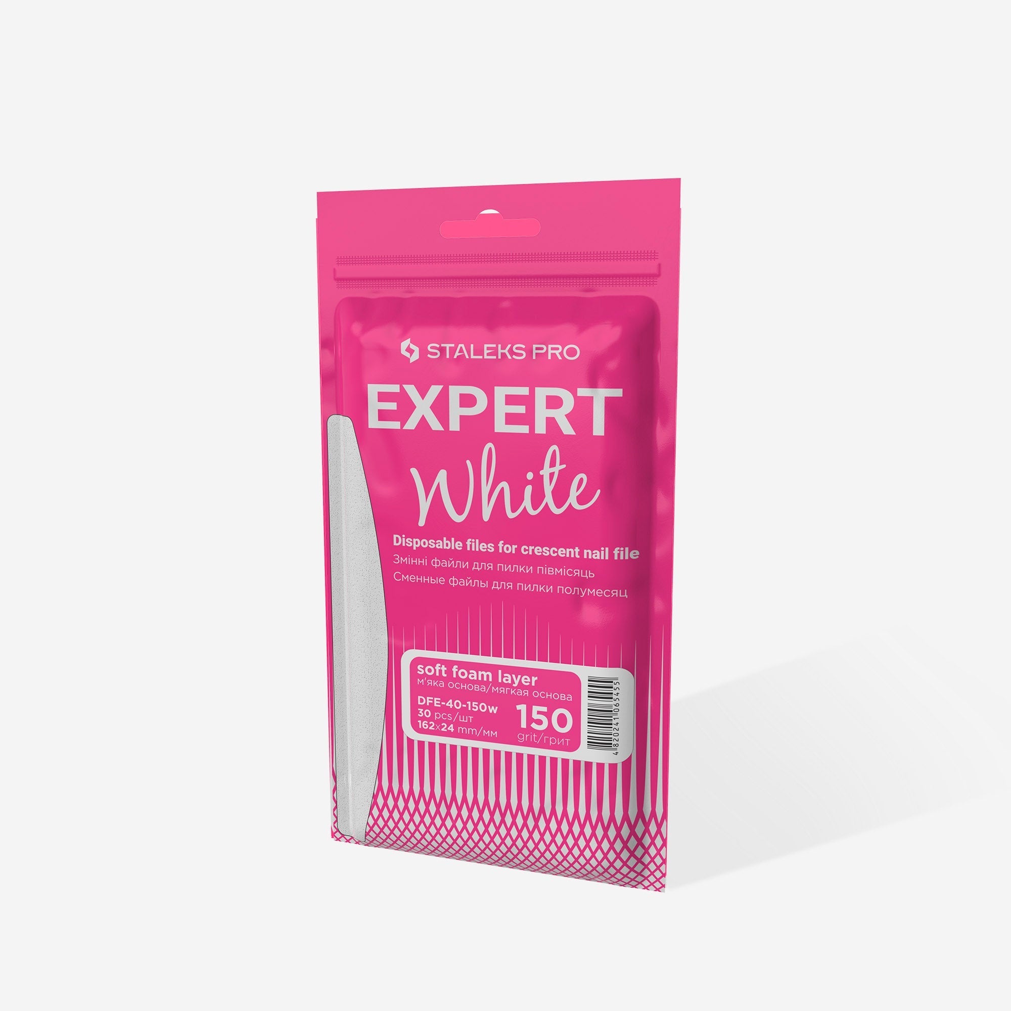 Limas blancas desechables para limar uñas en media luna sobre una capa de espuma blanda EXPERT 40 grano 150 (30 uds.)
